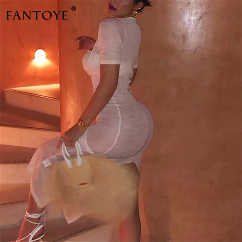 Женское просвечивающее шифоновое платье Fantoye прозрачное длинное с короткими