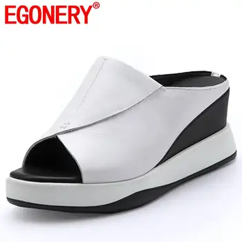 

EGONERY genuine cow leather thick bottom woman slippers summer leisure sport black 6.5cm high heels platform wedges mules shoes