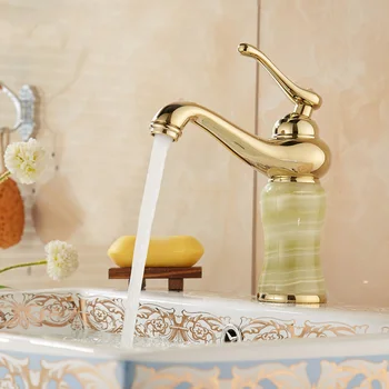 

Whosale Or Retail European copper gold plated style wash basin faucet, Jade marble basin faucet mixer water tap