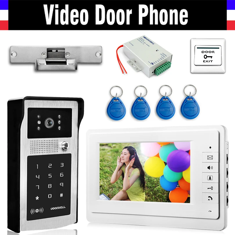 7 Inch LCD Wired Video Door Phone Doorbell Intercom Kits Electric Door Strike Lock RFID Keyfobs Power Exit Aluminum Alloy Case