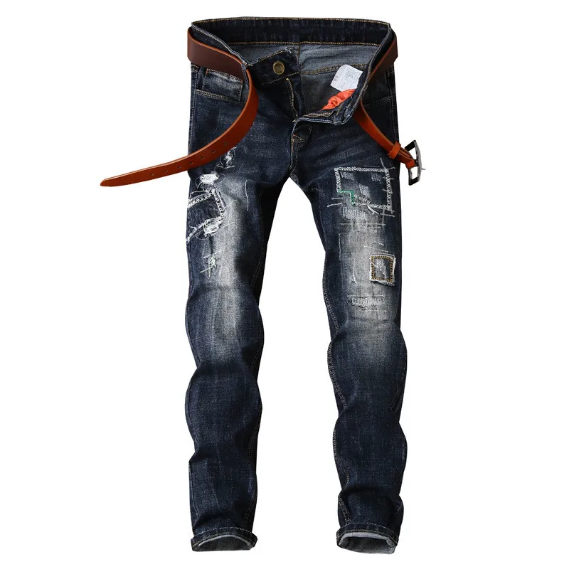 

2017 New Men's Ripped Patchwork Men Jeans Slim Fit Distressed Denim Trousers Punk Distressed Cotton Straight Hip Hop Black Pants