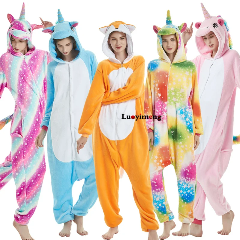

Unicorn Pajamas Kigurumi Onesie Adult Women Animal Pyjamas Winter Flannel Anime Cosplay Stitch Unicornio Sleepwear Girls Costume