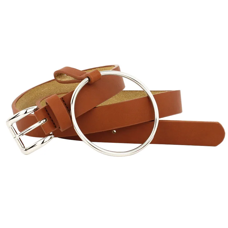 

Hot selling Round buckle belts female leisure jeans wild belt without pin metal buckle brown PU leather black strap belt women