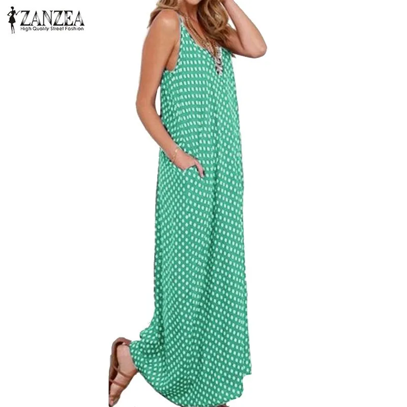 S-6XL размера плюс летнее платье ZANZEA женское платье в горошек с v-образным вырезом без рукавов свободное Макси длинное пляжное винтажное платье
