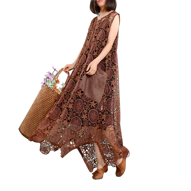 

Summer New Fashion Sleeveless Long Dress Organza Hollow Out Dress with Linen lining Dress