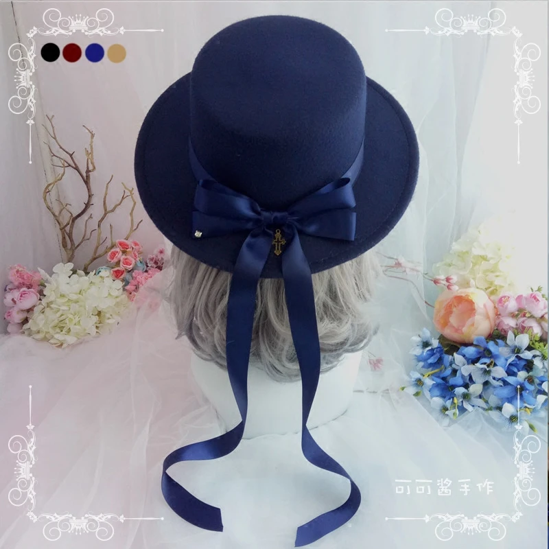 

Lolita flat - topped wide - brimmed hat wool restoring ancient ways British gay men gentleman dress hats