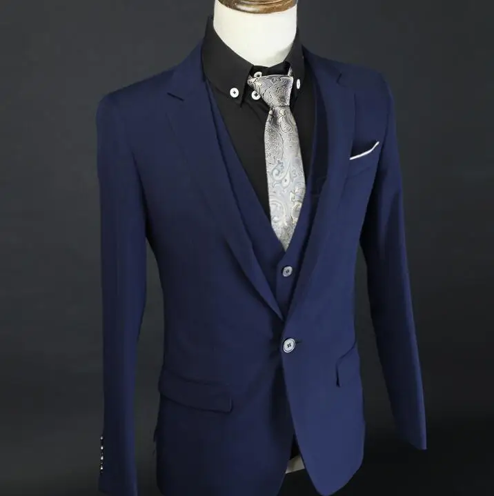

Hot sale Custom made Navy Blue groom suits sapphire man suits Newest man's Business suits ( jacket+Pant+vest+tie)