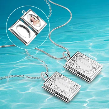 

Vintage Women Men Fashion Jewelry.Can Put in Photos Square Photo Box Necklace, 925 Silver Frame Locket Necklace Gift