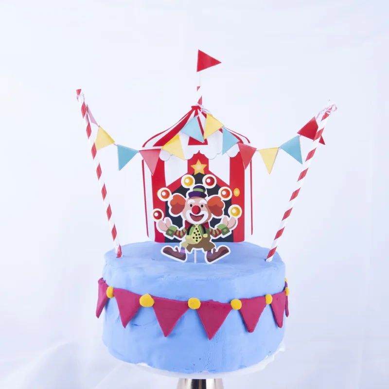 

Cartoon pattern circus series smiley clown colorful hanging flag cake decoration top hat card baby birthday party decoration