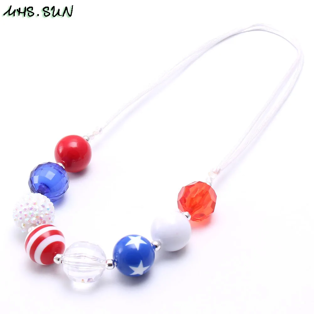 BN576-1 (2),$1.8-1PC,50g.4th July USA Flag Style Kids Baby Chunky Strand Beaded Necklace Cute Bubblegum Necklace Rope Chain Choker Necklace 1PCJPG
