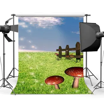 

Spring Backdrop Fairytale Mushroom Fresh Flowers Elf Wood Fence Blue Sky White Cloud Green Grass Meadow Background