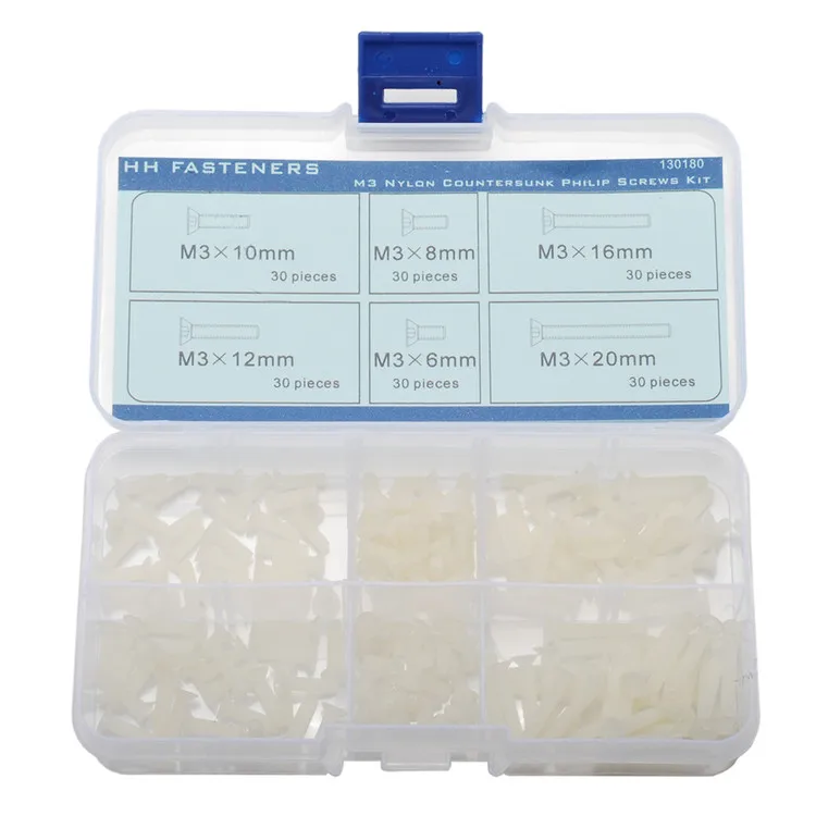 

180 PCS Philips Flat Head Nylon Screw Assortment Kit M3x6 M3x8 M3x10 M3x20mm
