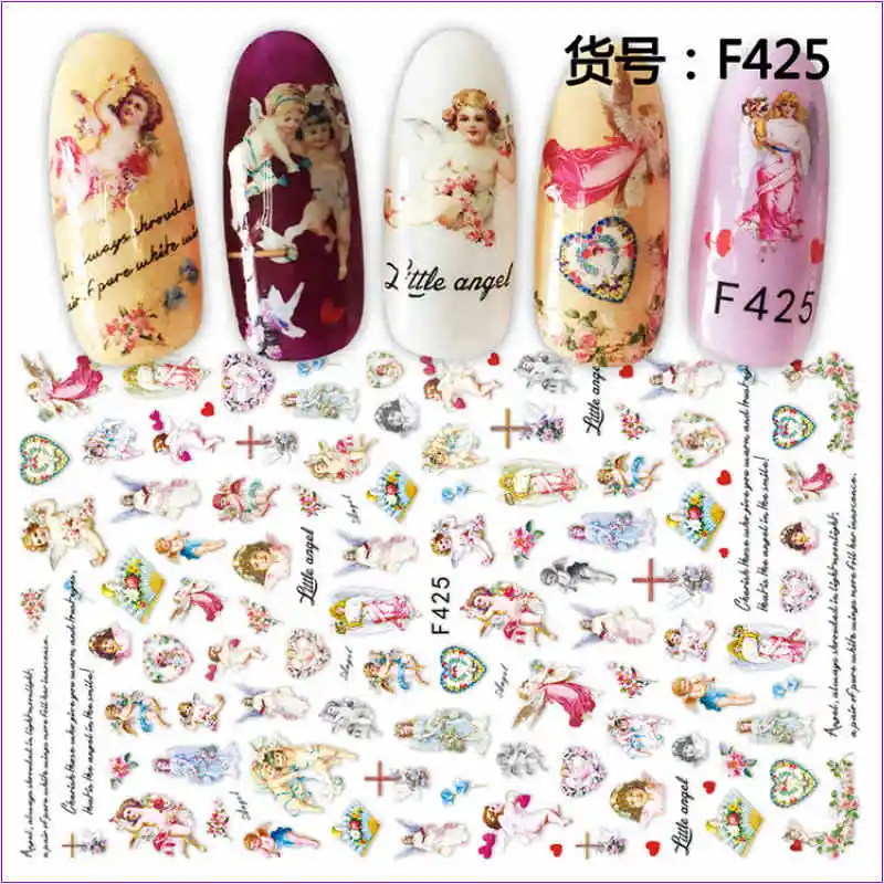 Супер тонкий самоклеющийся 3D дизайн ногтей слайдер наклейка винтажная девушка Ангел Лондон цветок наборы попугай сосновый яблоко F419-428 - Цвет: F425