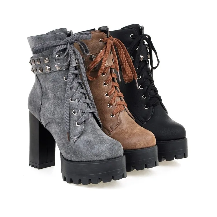 PXELENA байкерские ботинки в винтажном стиле с заклепками в стиле панк, готика, рок; женские ботинки на платформе со шнуровкой; ботинки на высоком квадратном массивном каблуке