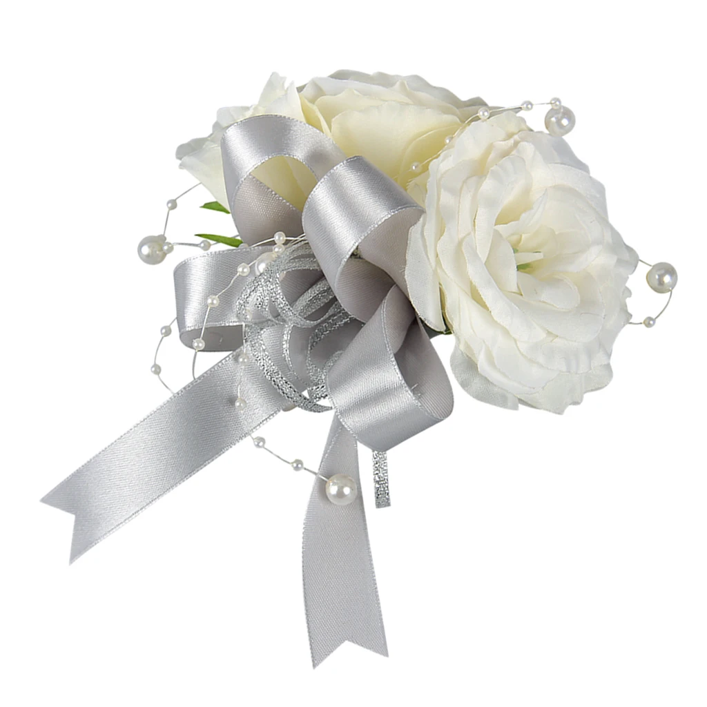 Beautiful Ribbon Boutonnieres Corsage White Rose Silver Grey Corsage for Wedding Party Favor Photo Props