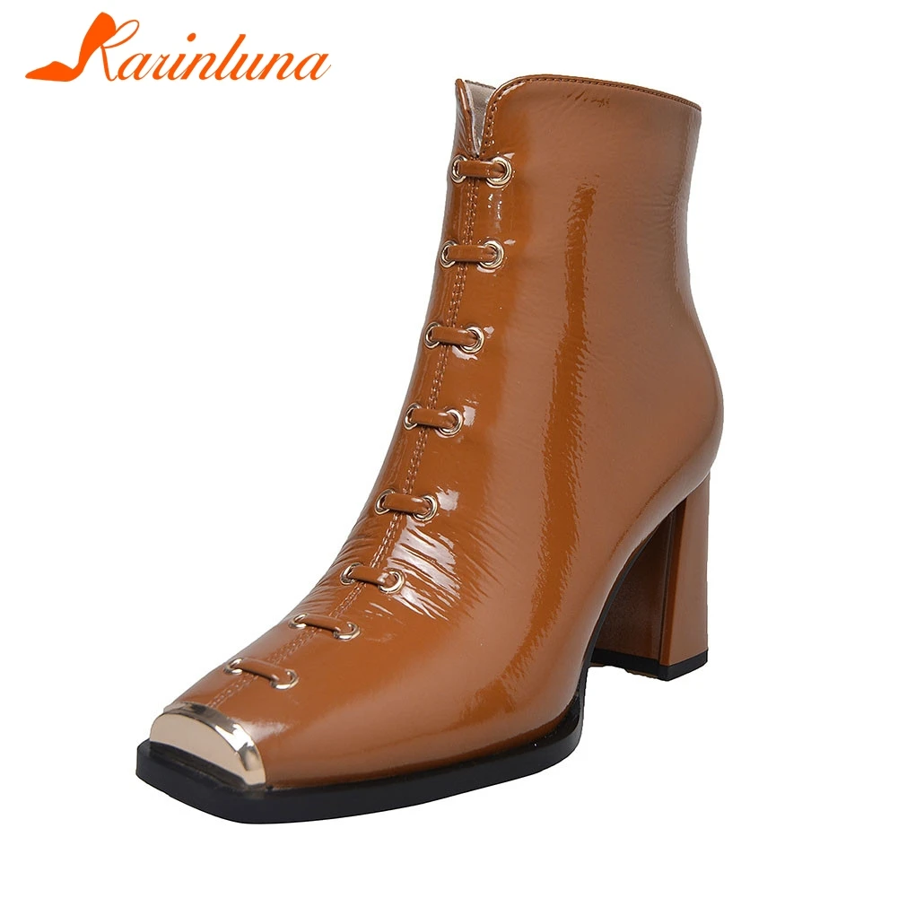

KARINLUNA New Fashion women's Patent Genuine Leather Metal Decoration Shoes Woman Casual Party Sexy Autumn Winter Ankle Boots