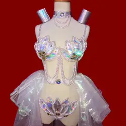 Пикантные серебряные стразы наряд с бикини Для женщин цепочка с камнями бюстгальтер юбка костюм певица Одежда для танцев на день рождения