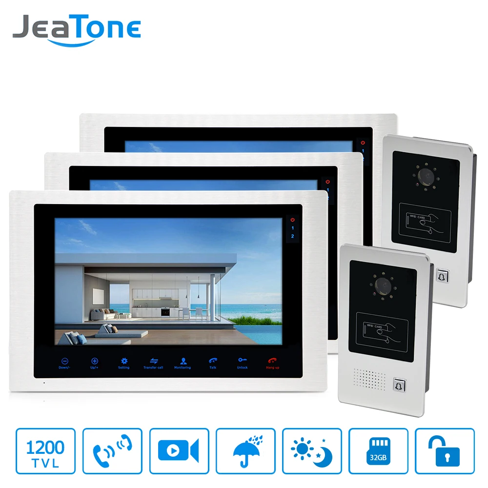10'' Video Door Phone Home Video Intercom 4-Wired Doorbell Monitor Intercom Waterproof Wide View Angle Call Panel/RFID Card 2-3