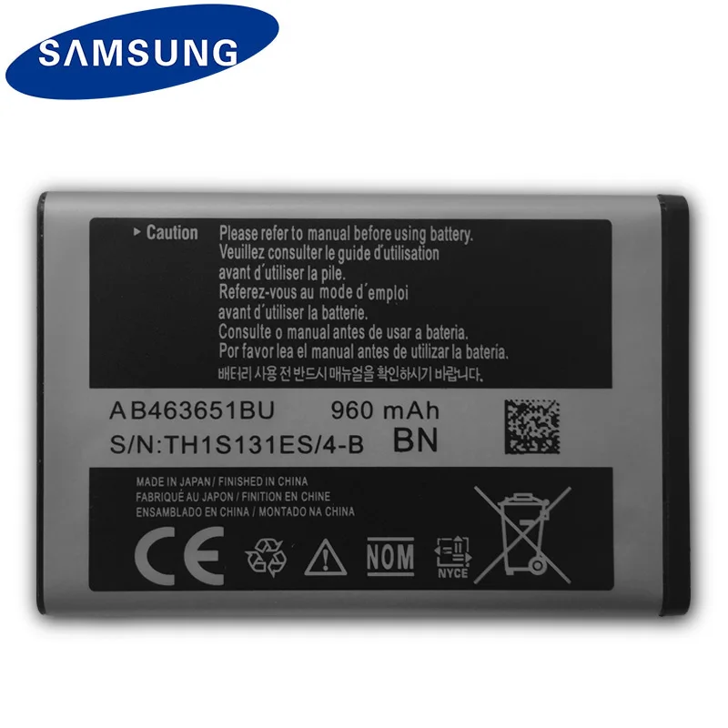 Оригинальный аккумулятор SAMSUNG AB463651BU для Samsung W559 S5620I S5630C S5560C C3370 C3200 C3518 J808 F339 S5296 C3322