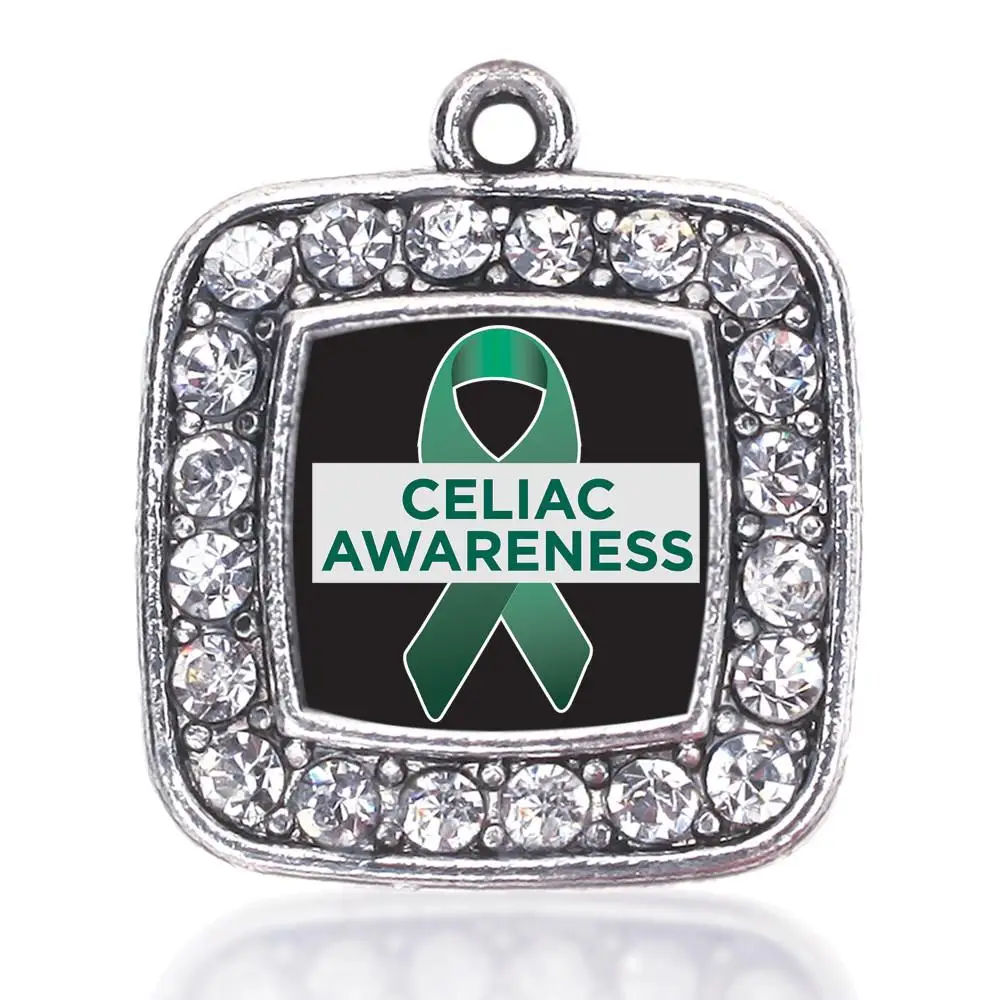

COLON CANCER SUPPORT CELIAC AWARENESS CDH AWARENESS SQUARE CHARM ANTIQUE SILVER PLATED CRYSTAL JEWELRY