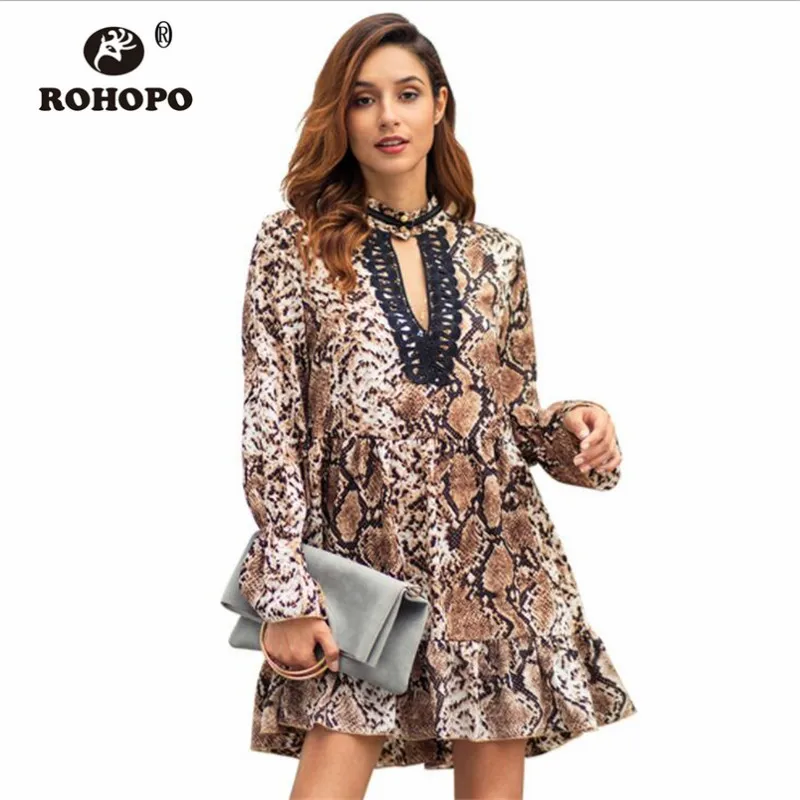 

Long Sleeve Leopard Autumn Women Dress Patch Lace V-neck Ruffles Mini Spring A Line Female Dress Brown Gray #C3068