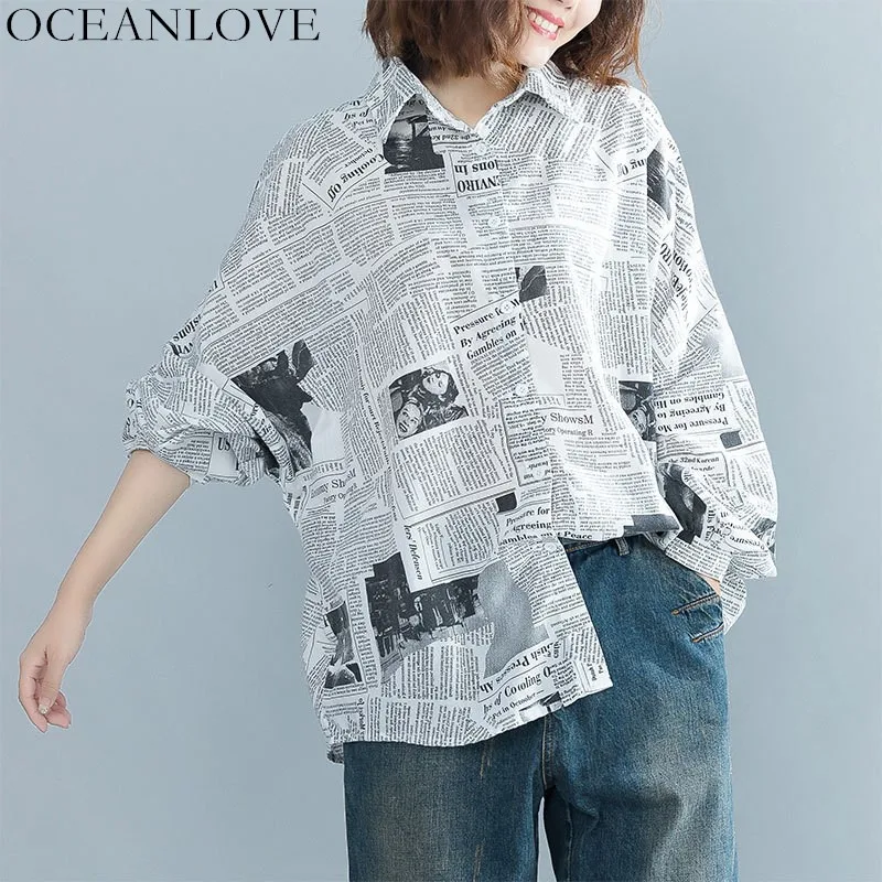 

OCEANLOVE Newspaper Print Letters Loose Women Tops and Blouse Long Sleeve Single Breasted Shirt Spring 2019 New Clothes 10883