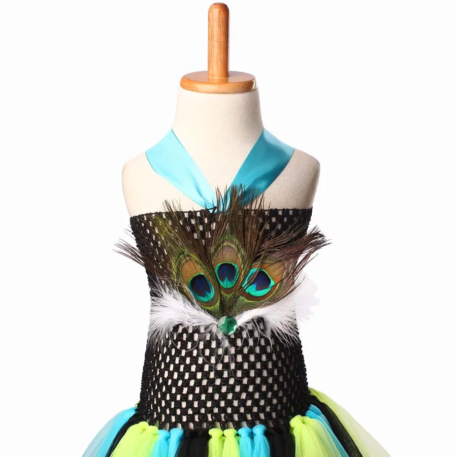 Stunning Peacock Tutu Dress and Matching Hair Clip Girls Peacock Feather Dress Halloween Photo Props Fancy Cosplay Clothing (6)