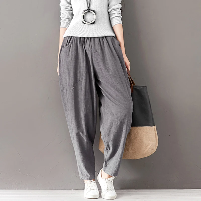 

Elastic Waist Women Cotton Linen Harem Pants Summer 2018 Autumn Vintage Casual Solid Color Ankle-Length Pants