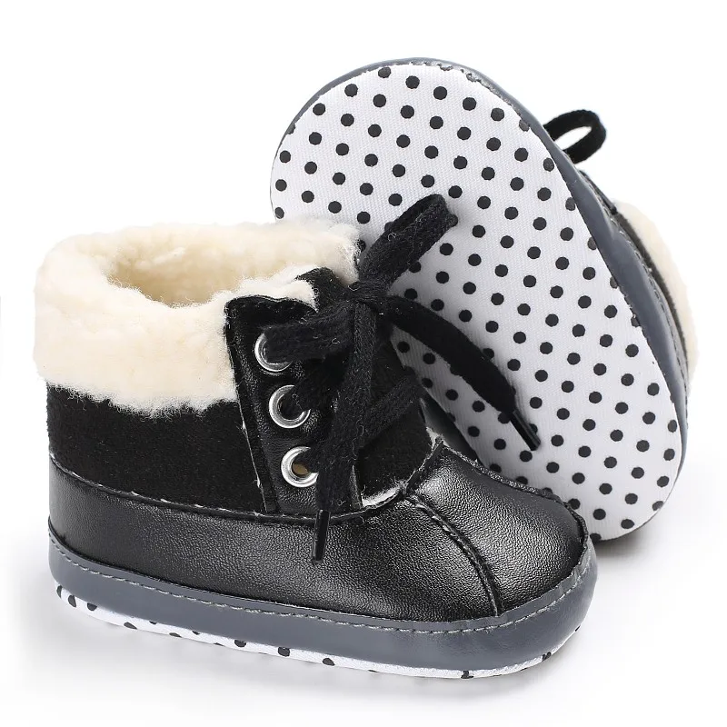 Winter Newborn First Walkers Baby Girls Kids Boots Warm PU Leather Fleece Snowfield Lace-Up Booty