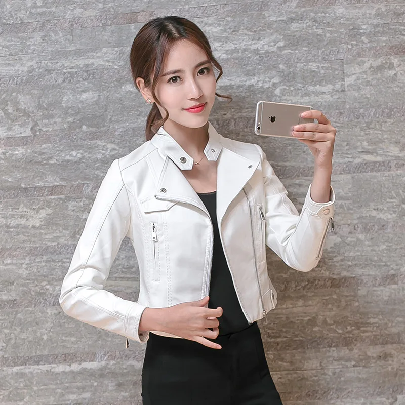 

2018 Autumn Spring Ladies Clothing Short Fashion Leather Jacket Women stand collar Casual Coat Motorcycle jacket leather