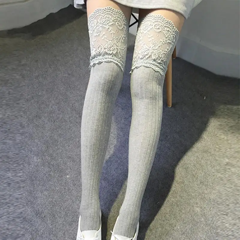 Vertical Stripe Lace High Socks Sweet Cotton Long Sock Women Autumn Fashion Breathable Striped Knitting Over Knee | Женская одежда