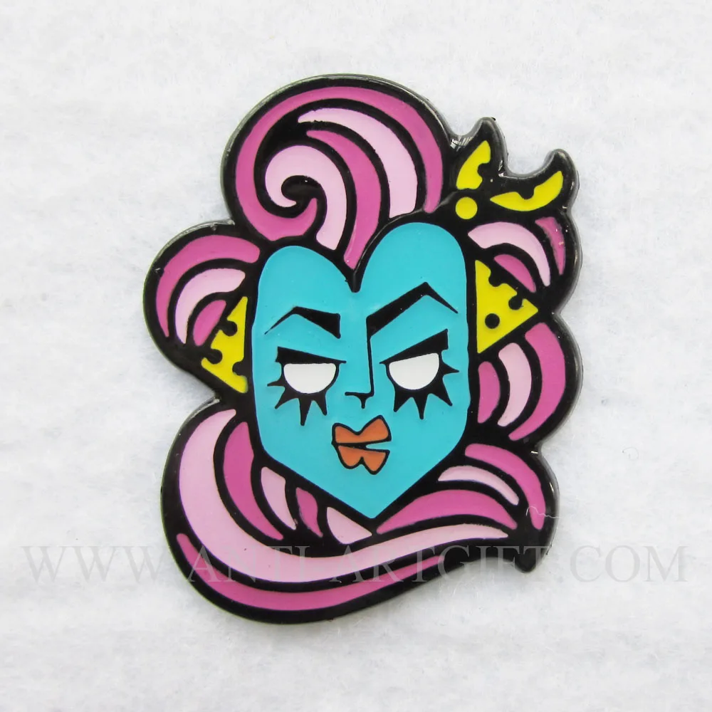 

Custom hard enamel black nickle lapel pins fashion women with pink color hair green face red lip 2" high quality No MOQ