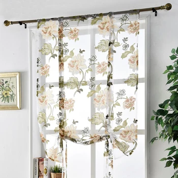 

New Arrival Lower Open Woven Curtains Printed Floral Short Tulle For Kitchen Roman Voile For Bedroom Louver Blinds Drapes