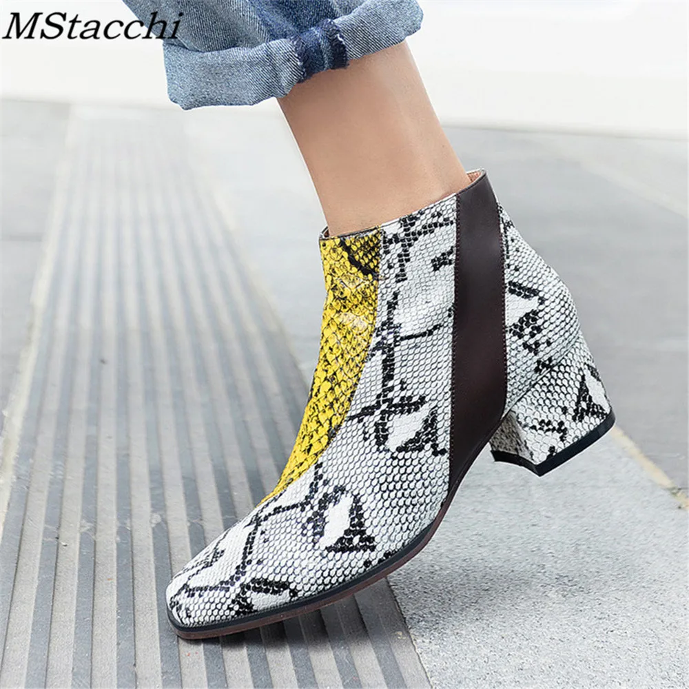

Mstacchi 2018 Newest Snake Skin Cow Leather Short Boots Square Toe Runway Style Ankle Boots For Women High Heel Knight Boots