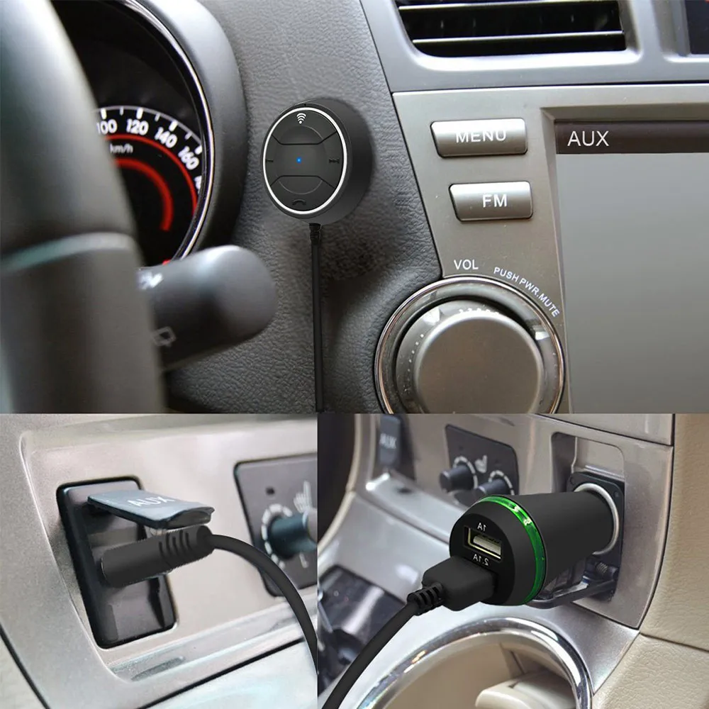 беспроводной автомобильный комплект Bluetooth версии v4.0 и NFC и AUX музыкальный приемник аудио адаптер громкой 3.5 мм встроенный микрофон с двойной зарядное устройство с USB беспроводной автомобильный комплект Bluetooth версии v4.0 и NFC и AUX музыкальный приемник аудио адаптер громкой 3.5 мм встроенный микрофон с двойной зарядное устройство с USB