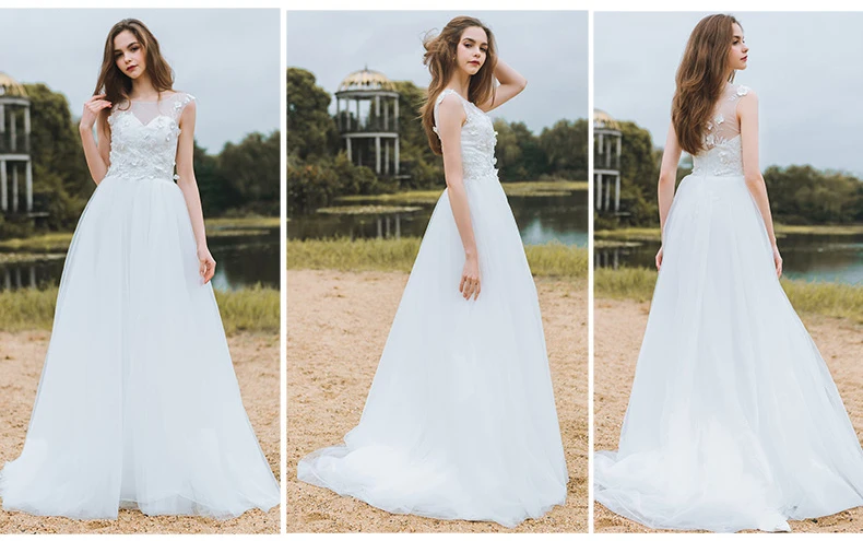 Пляж белый свадебное платье без рукавов Vestido De Noiva Тюль Цветы халат де mariée
