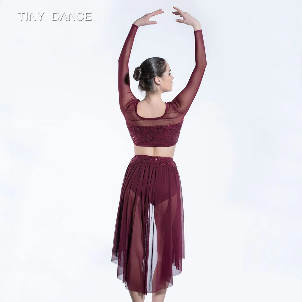 2 в 1, сетчатый танцевальный Топ с длинным рукавом и длинная сетчатая юбка, балетный, лирический и современный танцевальный костюм, одежда для сцены 19600