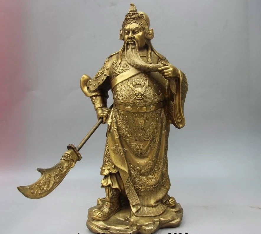 

China Folk Copper Brass Dragon Sword Guan Gong God Guan Yu Warrior Buddha Statue