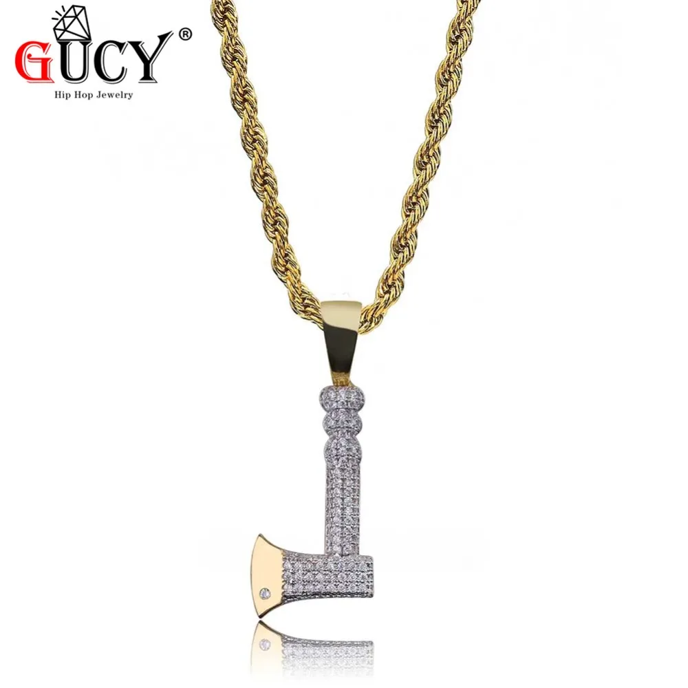 

GUCY Hip Hop AX Pendant Necklace Micro Pave CZ Stones All Iced Out Axe Pendants Charm Jewelry for Men n Women Gift,Party