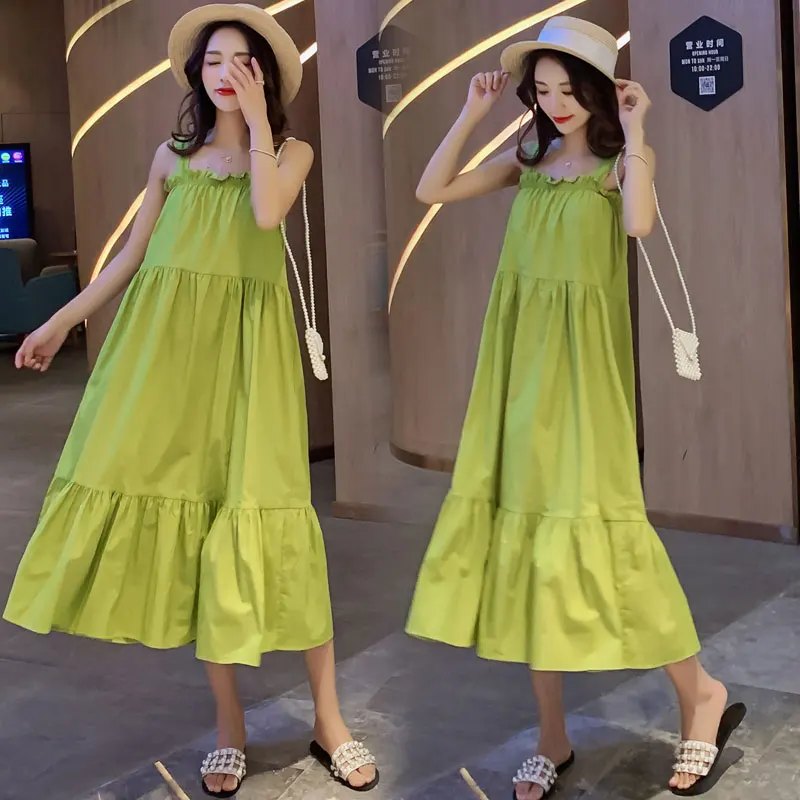 Good Quality Summer Pregnant Women Green Cotton Dresses Strap Ruffle Patchwork Shoulderless Maternity Long Loose Dress Wholesale