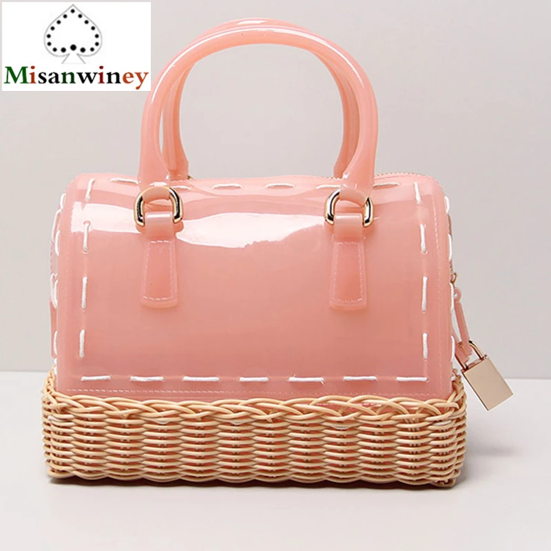 

2018 Candy-colored Women Handbags Summer Beach Bag Pillow Shoulder Bags Handmade Basket Weaving Locks Jelly Tote Bags Louis Bag