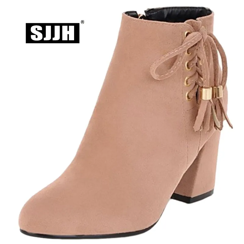 

SJJH Women Nubuck Martin Boots with Point Toe Chunky Zipper Short Plush Ankle Boots Fashion Casual Roman Shoes Large Size A940