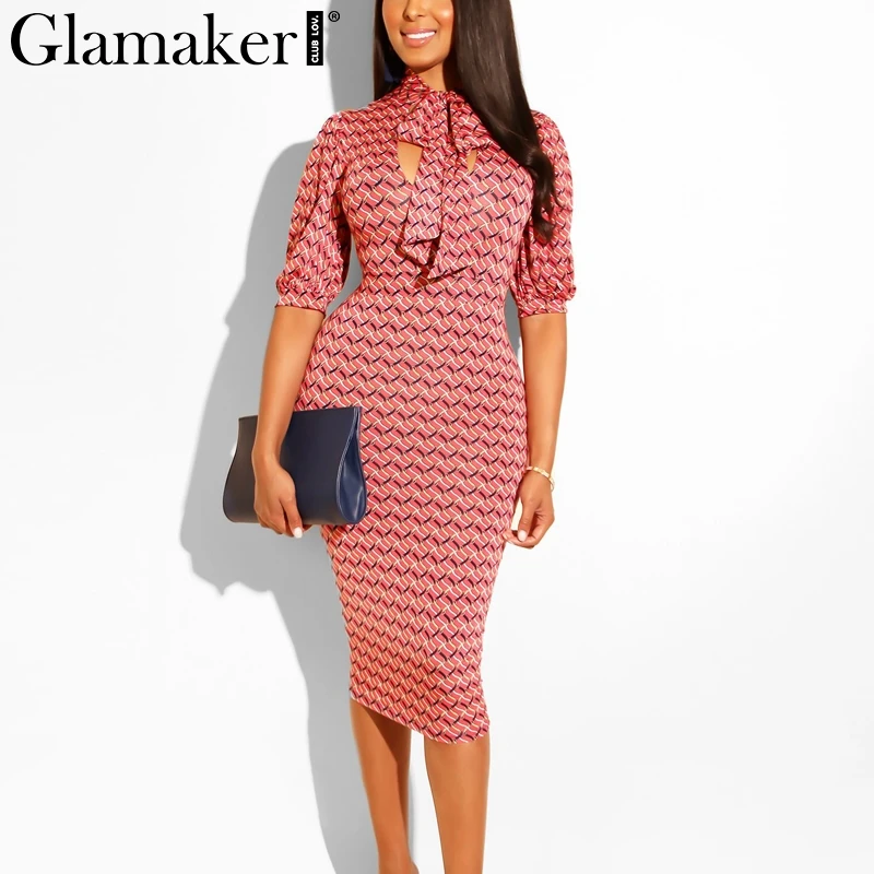 

Glamaker Bow tie hollow out print elegant midi dress Women half sleeve party club dress Female casual summer bodycon vestidos