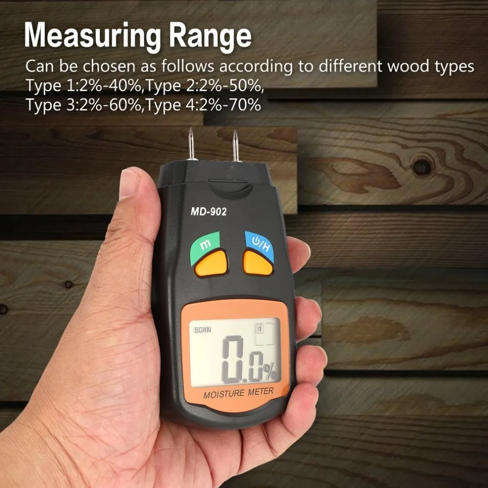 MD-902 цифровой Деревянные Измеритель влажности древесины измерения влажности инструмент Лесоматериалы влажной DetectorResolution +-0.1%/точность 0.5%