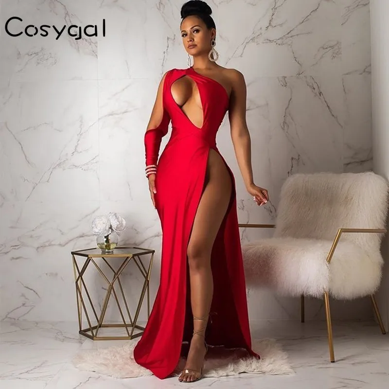 COSYGAL выдалбливают Bodycon макси платье для женщин с разрезом длина до пола
