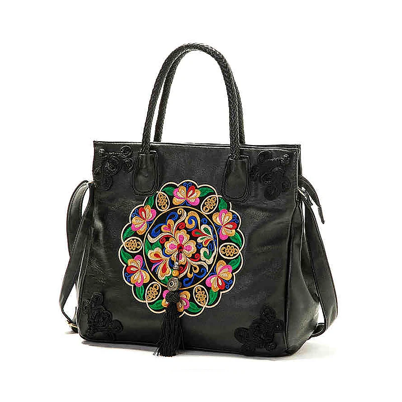 

Brand Chinese Style Embroidery Women Bag 2016 High Quality PU Leather Handbags Fashion Stitchwork Totes Bag