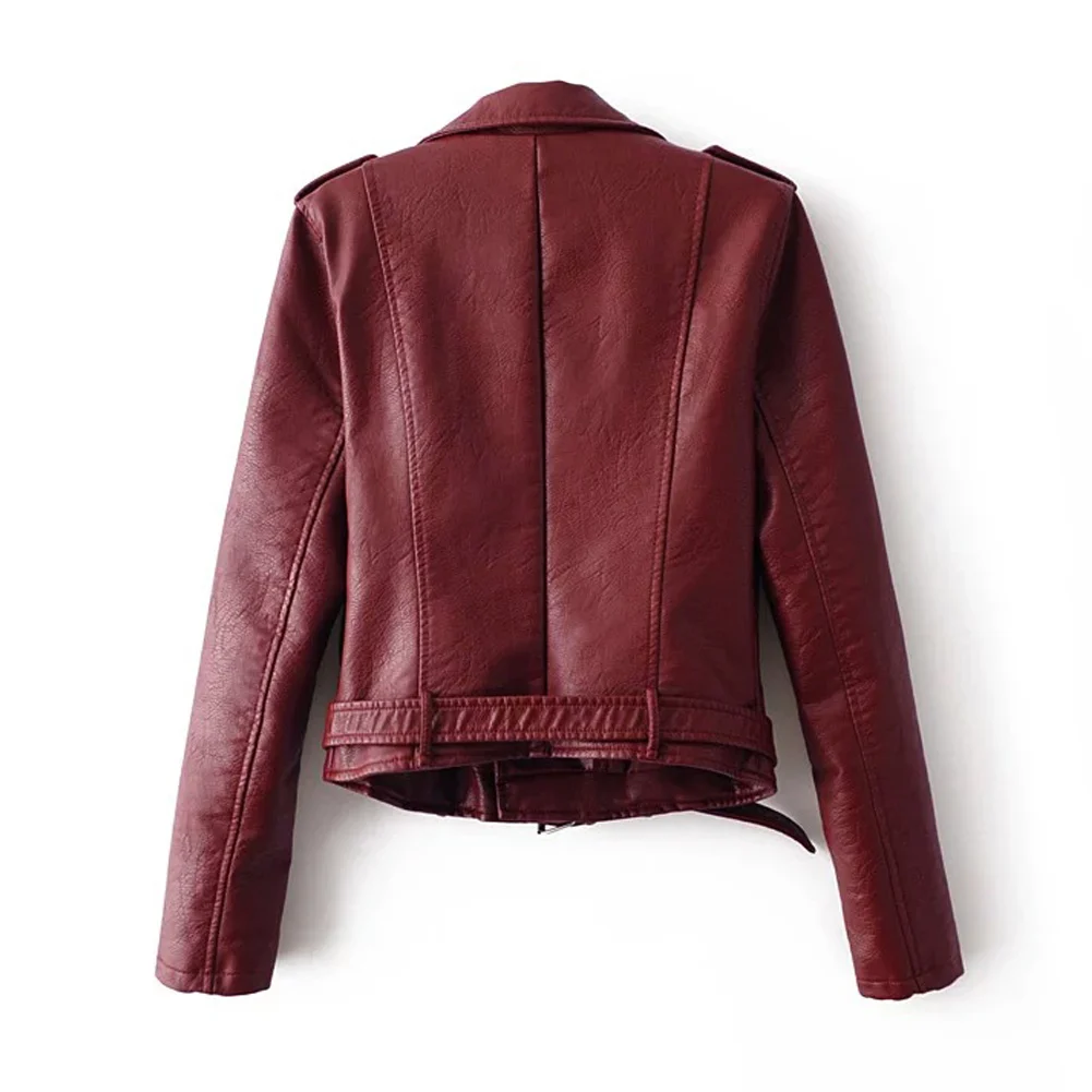 2017 Autumn Women Basic Coats Fashion PU Faux Leather Bomber Jacket Coat Zipper Belt Long Sleeves Basic Moto Jacket Outerwear