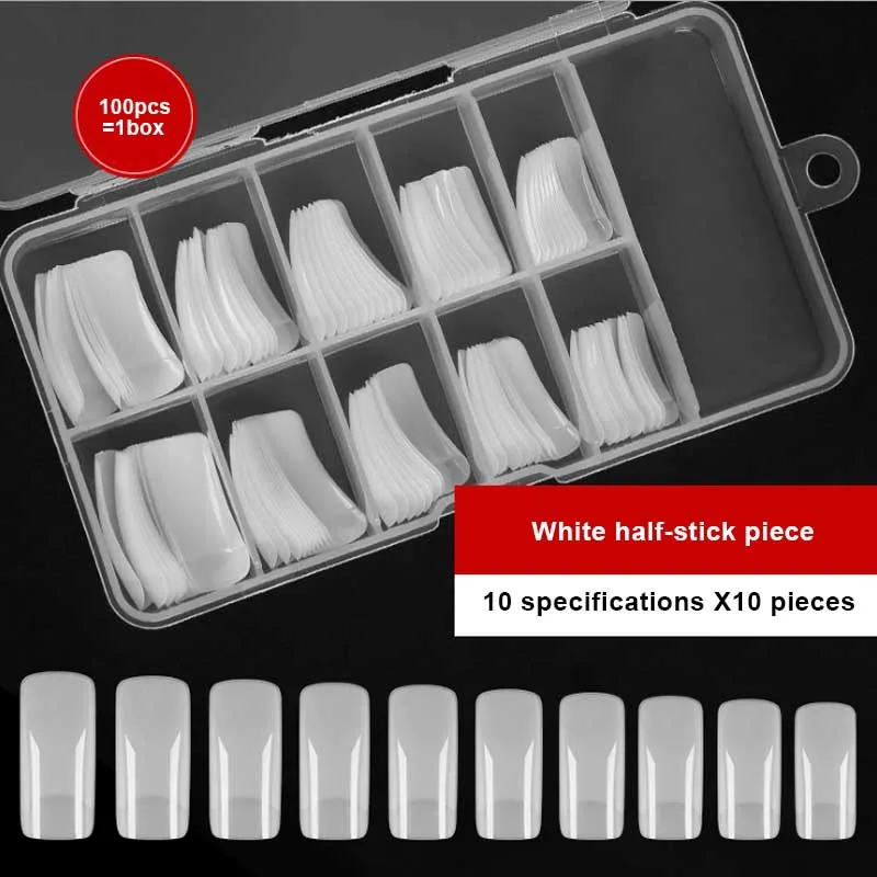 White half-stick 100 шт./кор. поддельные накладные ногти искусство полностью накладные ногти покрытие белый/прозрачный Цвет искусственные акриловые расширение строитель для маникюра(гель-маникюр "сделай сам" - Цвет: White half-stick