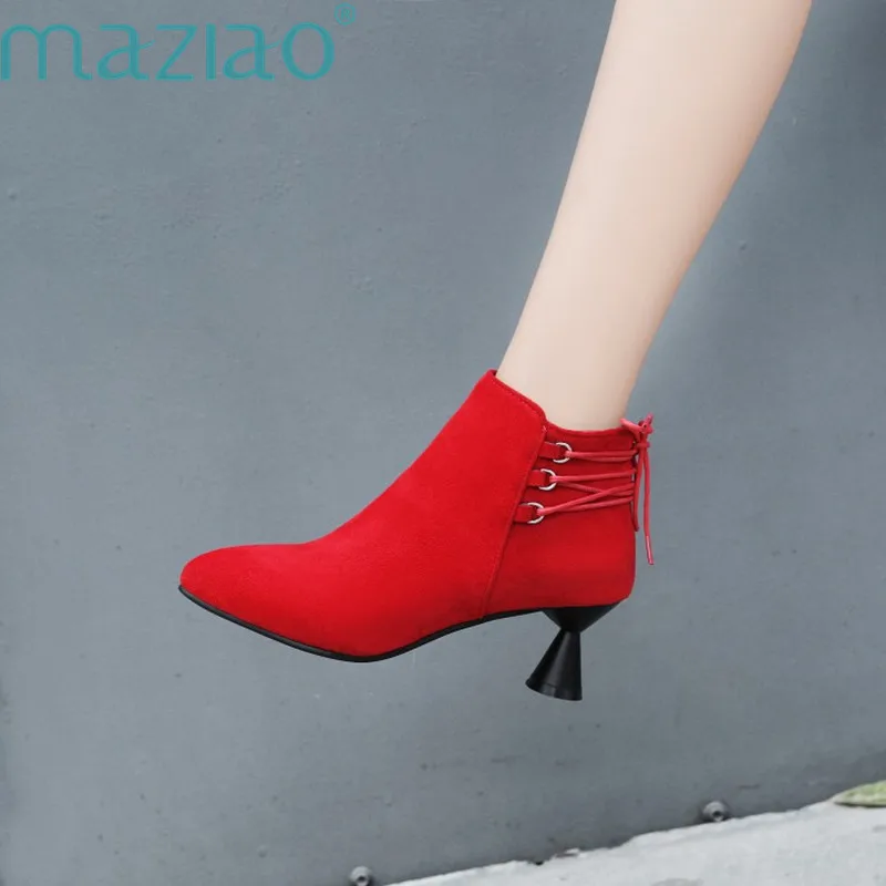 

High Thin Heels Fashion Ankle Boots Pointed Toe Knight Women Shoes Solid Martin Suede Zipper Boots Size 32-43 MAZIAO