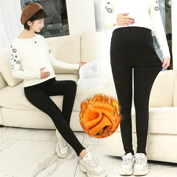 

Maternity Women Full Length Adjustable Elastic Waist Pant Fashion Pregnant Belly Care Thick Warm Golden Fleece Slim Leg Trousers